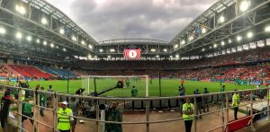 A panoramic view of the stadium from my third row seat. 