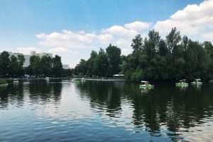 Paddle boats on a lake at Gorky Park.